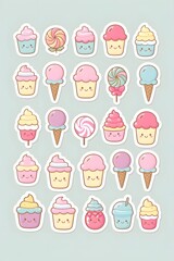 Adorable Collection of Kawaii Cupcakes, Ice Cream Cones, and Lollipops: A Delightful Pastel-Colored Sweet Treats Sticker Sheet Design