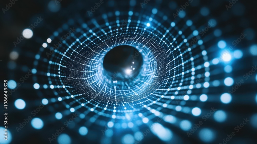 Poster a mesmerizing digital tunnel with blue lights creating a sense of depth and movement, suggesting a j