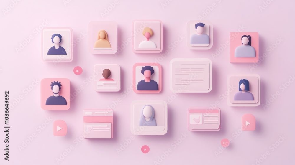 Aufkleber A collection of stylized user avatars and interface elements on a soft pink background.