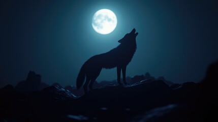 Wolf Howling at the Moon in a Night Landscape