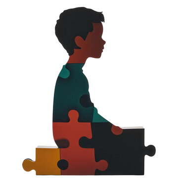 recommend clip art: A child’s silhouette made of colorful puzzle pieces, isolated on white. PNG transparent.
