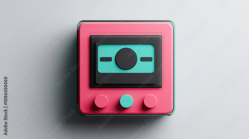 Poster A colorful retro-style cassette player design with buttons and a minimalist aesthetic.
