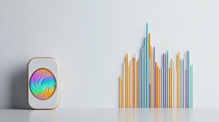 Obraz premium sound waves Colorful art piece with vibrant bars and a circular design on a minimalist backdrop.