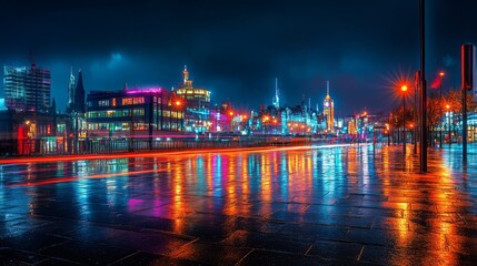 Obraz premium A vibrant cityscape illuminated by colorful lights reflected on a wet pavement.