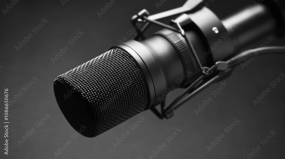 Aufkleber close-up of a professional microphone on a dark background, emphasizing audio recording.