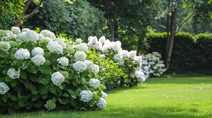 White hydrangeas in full bloom in a garden