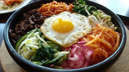 Korean Bibimbap with Fried Egg and Vegetables