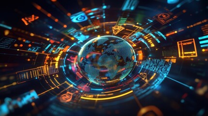 Fototapeta premium A Digital Globe Surrounded by a Circular Array of Data Streams and Interfaces