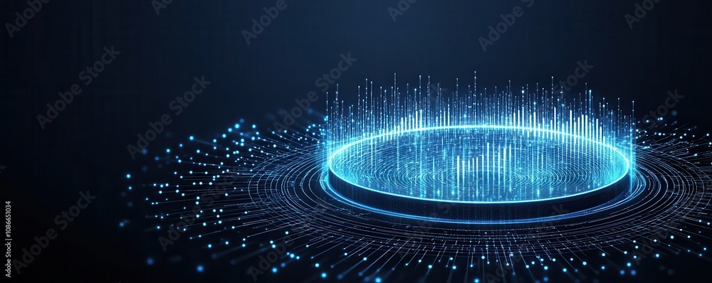 Poster sound waves futuristic digital visualization with glowing particles and waves.