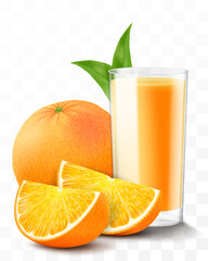 A glass of fresh orange juice or smoothie. Cup of cocktail or yogurt with orange fruits, isolated on transparent background. Realistic 3d vector illustration