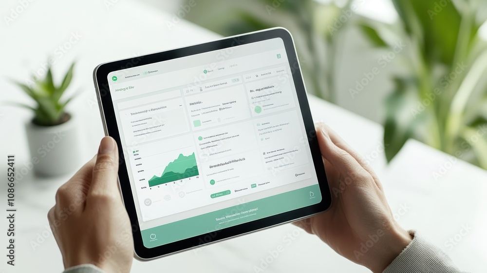 Poster A person holds a tablet displaying financial data and analytics in a modern workspace.