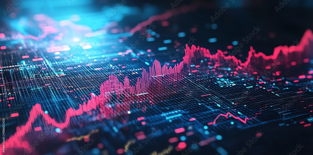 Fototapete Abstract 3D rendering of a dynamic data visualization with glowing lines and pink and blue colors representing market trends and data analysis.