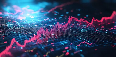 Abstract 3D rendering of a dynamic data visualization with glowing lines and pink and blue colors representing market trends and data analysis.