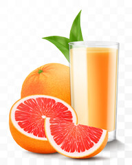A glass of fresh grapefruit juice or smoothie. Cup of cocktail or yogurt with grapefruit, isolated on transparent background. Realistic 3d vector illustration