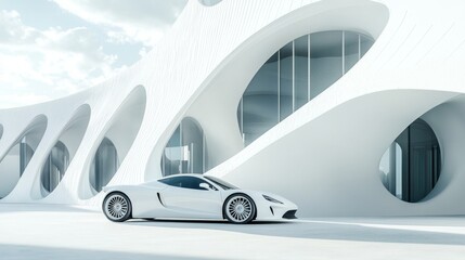 A luxury white sports car blending into the sleek, modern design of a white architectural masterpiece