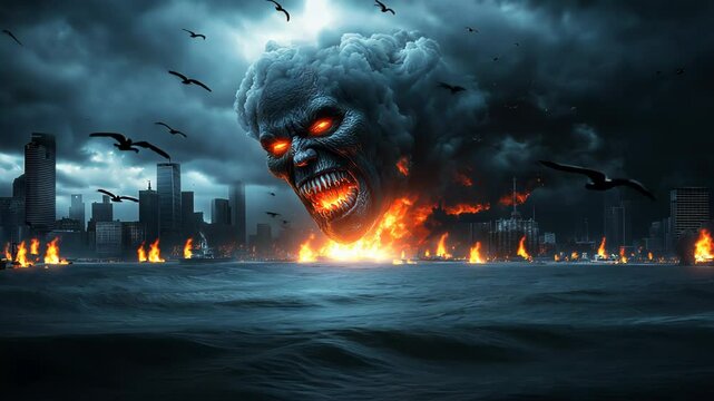 Massive demonic entity materializing in storm clouds over industrial harbor. Glowing orange eyes and flames contrast against dark thunderclouds. City lights reflect off choppy waters below. 