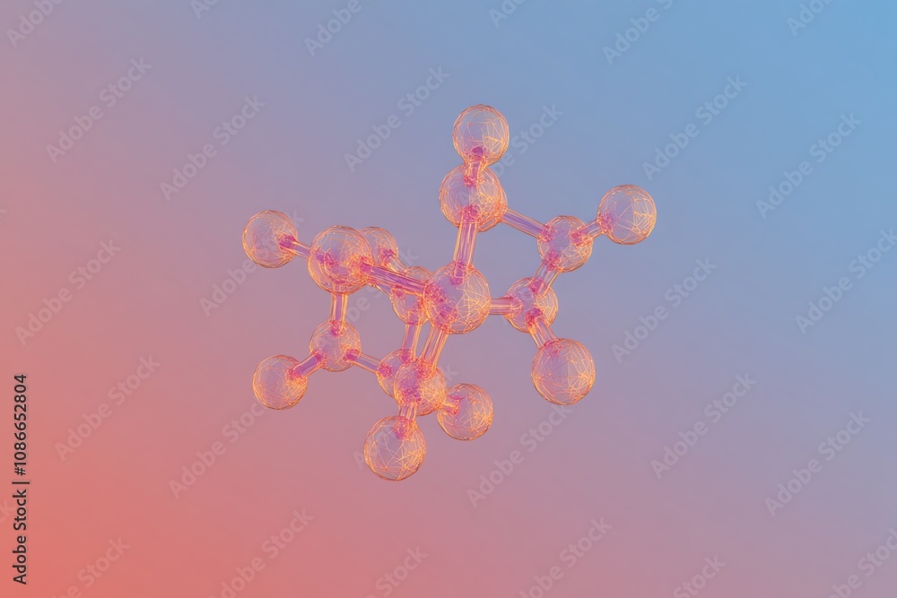 Leinwandbilder Abstract 3D rendering of a molecule structure with translucent spheres and bonds against a gradient background.