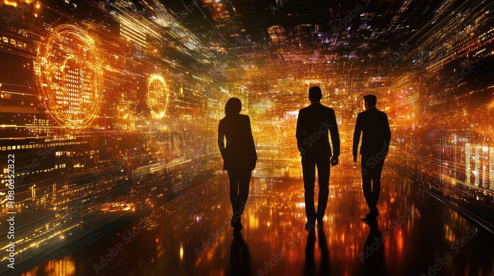 Aufkleber silhouetted figures walking through a digital landscape filled with glowing data elements.