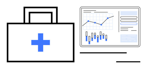 Obraz premium Medical briefcase with blue cross next to analytics dashboard displaying graphs and charts. Ideal for healthcare planning, emergency kits, medical data, analysis, health reports, patient care