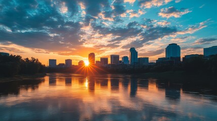 Naklejka premium A vibrant sunset casts a warm glow over a city skyline reflected in a calm river.