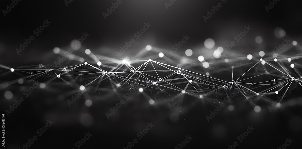 Poster Abstract black and white image of interconnected nodes forming a network.