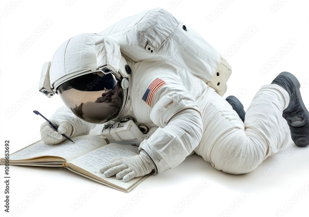 Aufkleber an astronaut in a spacesuit writing in a notebook.