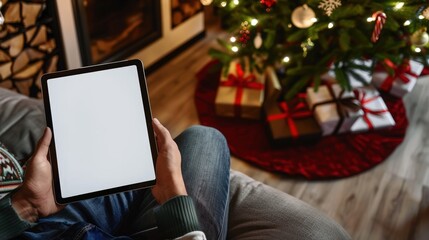 Cozy Holiday Scene with Tablet Near Christmas Tree