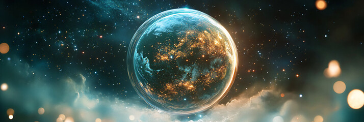Fototapeta premium Earth Suspended in a Bubble, Reflecting Galaxies and Stars, Drifting Slowly Through Space 