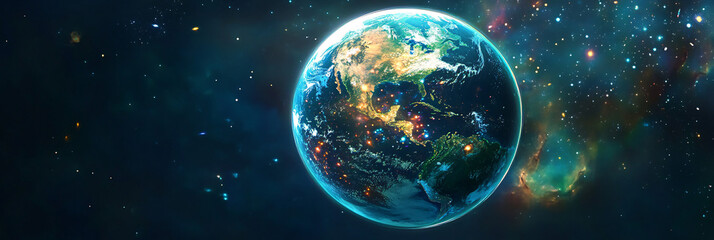Fototapeta premium Earth Suspended in a Bubble, Reflecting Galaxies and Stars, Drifting Slowly Through Space 