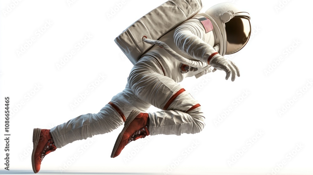 Poster An astronaut in a spacesuit running energetically against a bright background.
