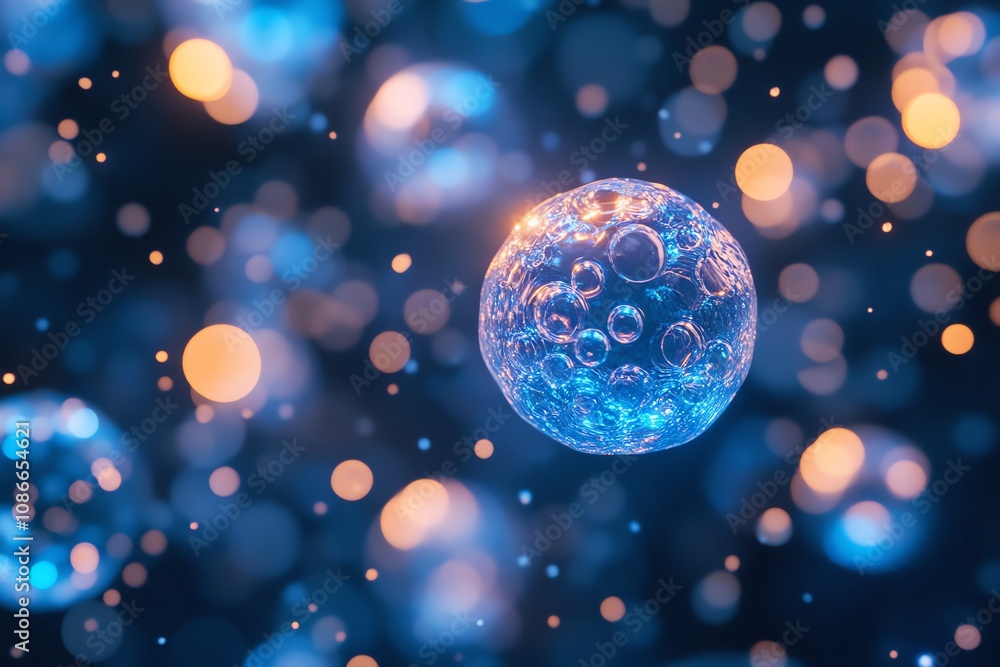 Poster abstract blue sphere with bubbles, glowing bokeh background.