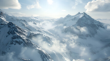Mountainside in the Swiss Alps covered in thick snow sunlight streaming through clouds dramatic and vast winter view copy space