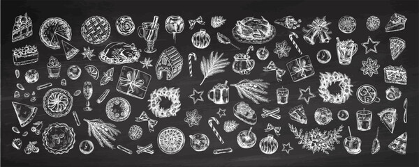 Hand-drawn Christmas set in sketch style on chalkboard background. Festive decoration: wreath, gift, sweets, food, Christmas tree decor, drinks and spices sketches. Vintage design elements. © Mariia Mazaeva