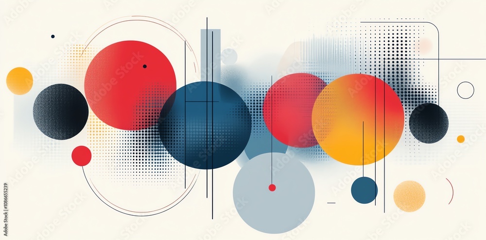 Poster abstract colorful circles and geometric shapes on a light background.