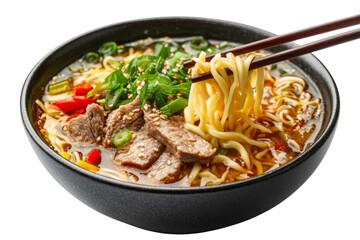 Close up chopsticks grabbing tasty hot noodles soup with pork and vegetables isolated on background.