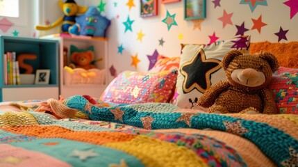 A cozy child's bedroom decorated with star patterns on the walls and ceiling, filled with soft plush toys. The playful design creates a magical and comforting space for sweet dreams.