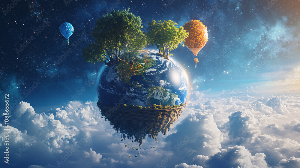 Poster **earth with trees and rivers floating like balloons in a giant picnic basket in space