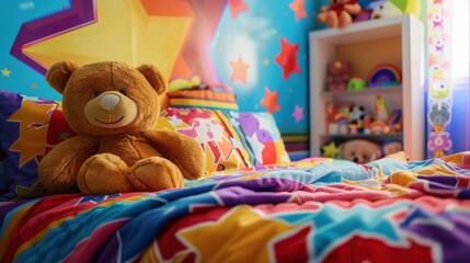 Obraz premium A cozy child's bedroom decorated with star patterns on the walls and ceiling, filled with soft plush toys. The playful design creates a magical and comforting space for sweet dreams.