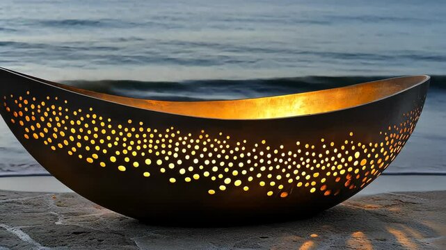 An elegant, dark metal bowl with a unique perforated pattern rests on a sandy beach