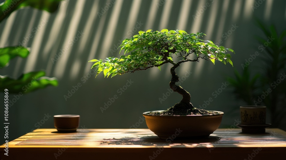 Aufkleber a serene bonsai tree sits on a table, illuminated by soft sunlight, creating a tranquil atmosphere.