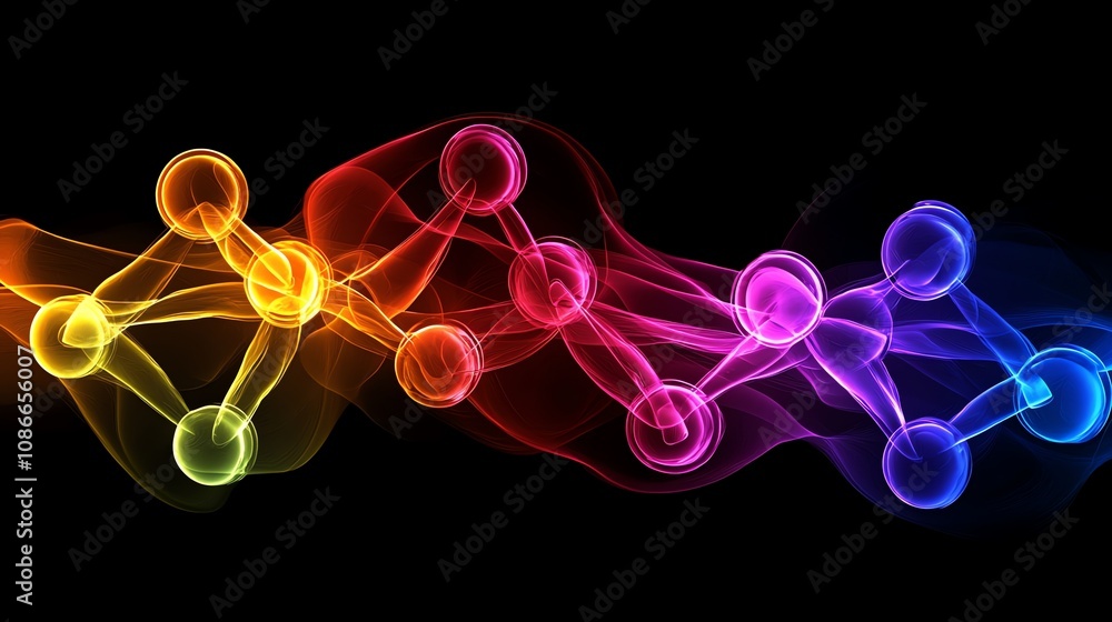 Poster Abstract colorful wave with glowing nodes, resembling a molecular structure or network connection.