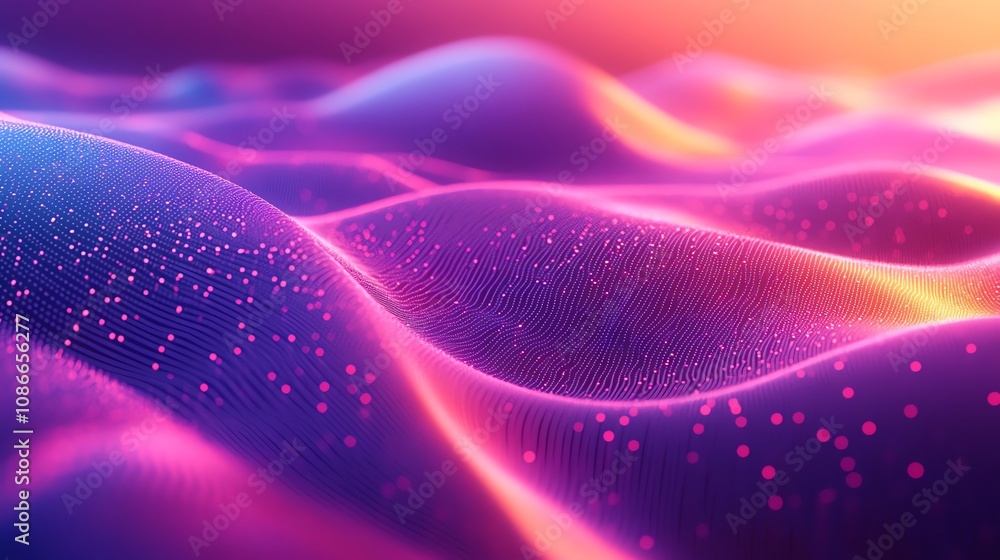 Poster abstract colorful wavy landscape with glowing particles.