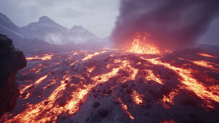 The volcanic surface of the planet with flaming lava flows, the red light of an active volcano