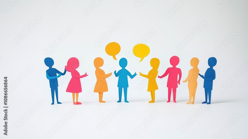 Poster colorful paper cutout figures engaging in conversation with speech bubbles on a minimalist backgroun