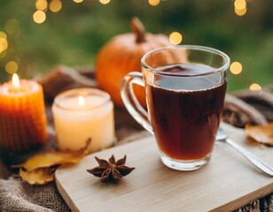 Cozy Coffee and Tea Setup with Autumn Leaves and Warm Candlelight