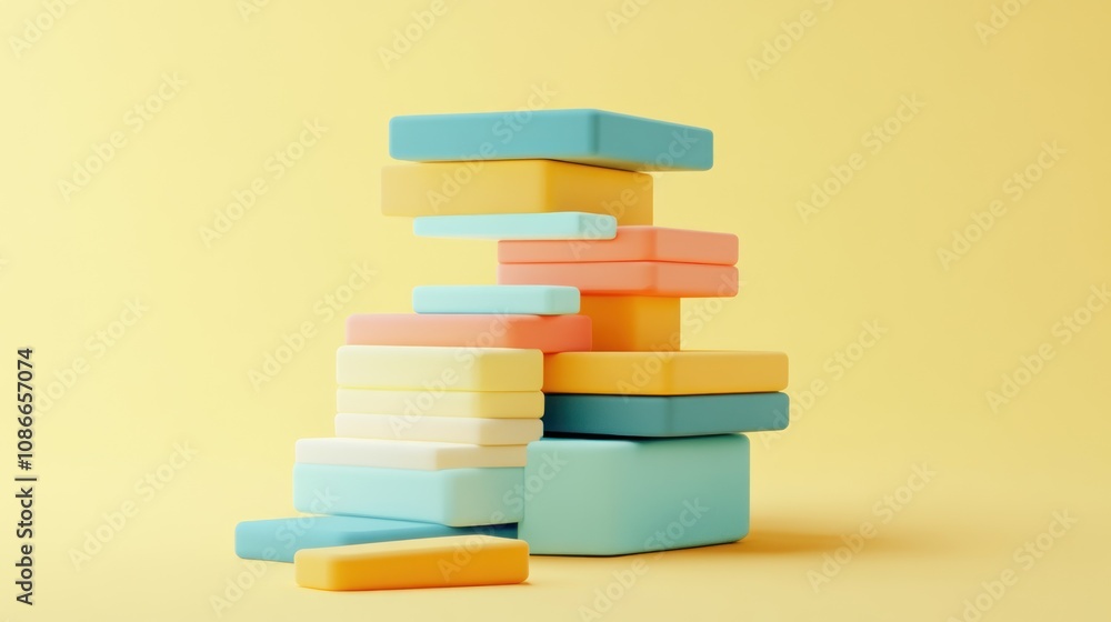 Aufkleber A colorful stack of geometric blocks on a soft yellow background, ideal for play and creativity.
