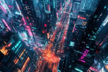 A vibrant city at night filled with glowing lights and towering skyscrapers. This digital artwork captures the energy and pulse of urban life. Generative AI