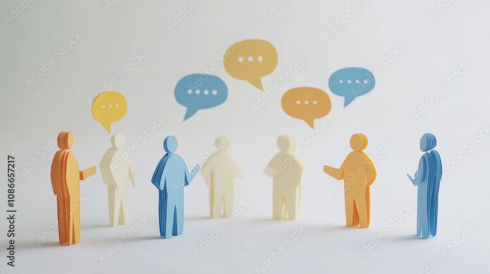 Poster colorful paper cutouts of diverse people engaged in conversation with speech bubbles representing co