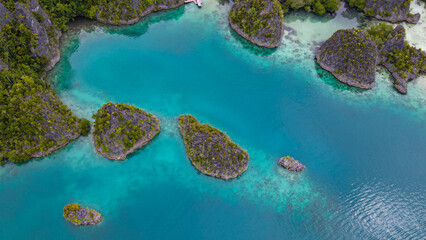 Aerial view of exotic island with turquoise water in Raja Ampat.