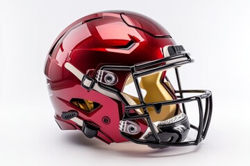 Fototapeta premium A sleek red football helmet with a modern design. The shiny surface highlights its unique style. Perfect for sports enthusiasts and collectors. Generative AI